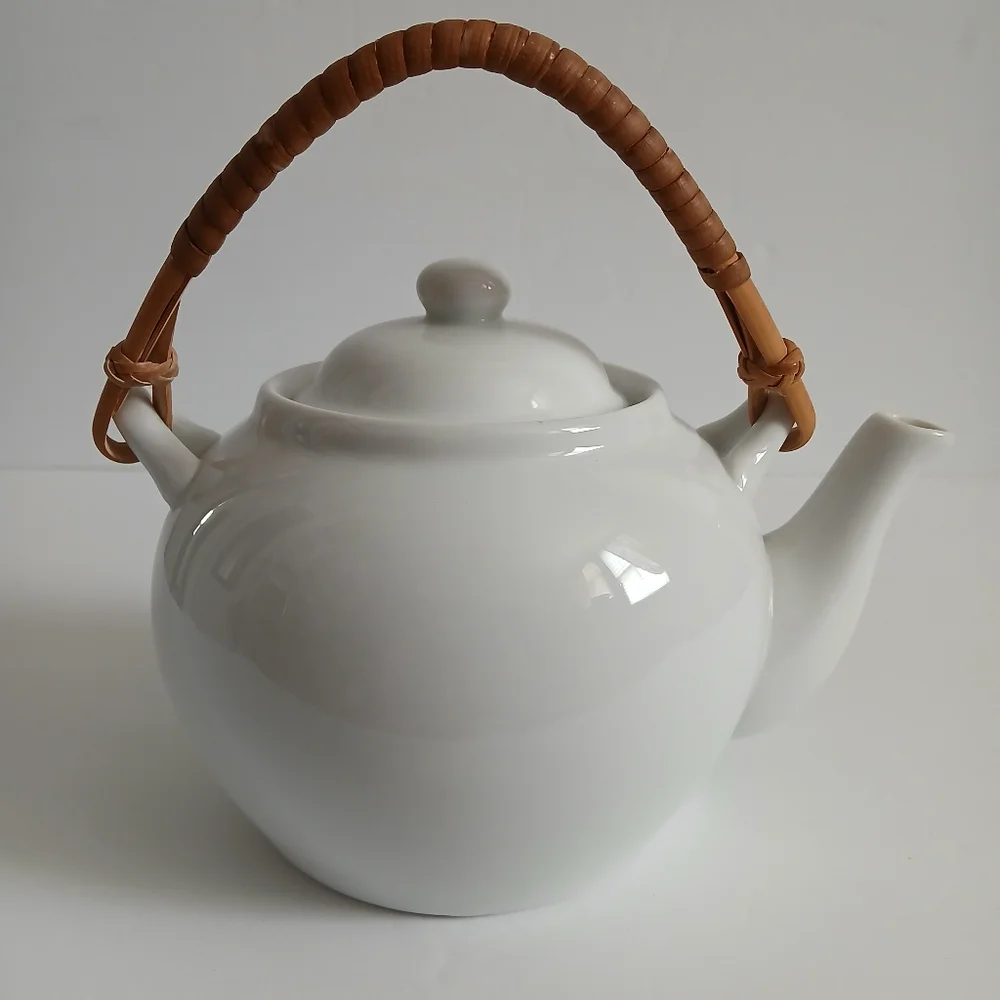 Pier 1 White Tea Set Boho Rafia Handle Asian Cottage